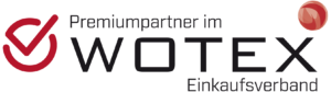 Logo mit rotem Häkchen und Kugel, Text lautet: "Premiumpartner im WOTEX Einkaufsverband - Ihr Experte für Teppichboden und Bodenbeläge. -Bodenstyle Schuster - Industriestraße 2 - 66802 Überherrn - +49 (0)6836-7789955
